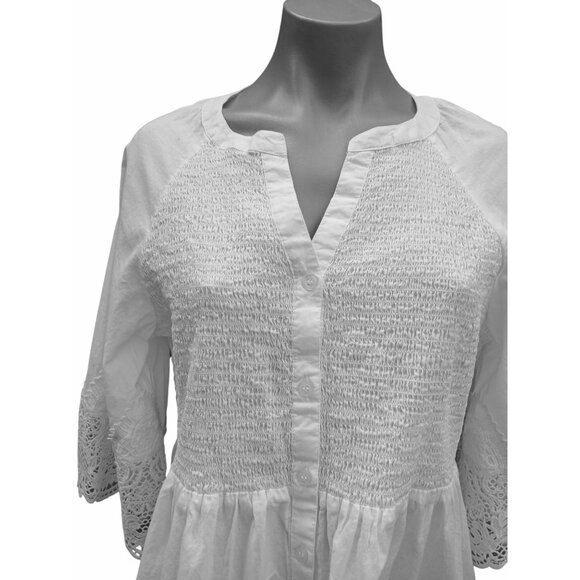Alessa W Womens White Smocked Lace Peasant Tunic Blouse 3/4 Sleeve Size 6 Fairy - Picture 2 of 14